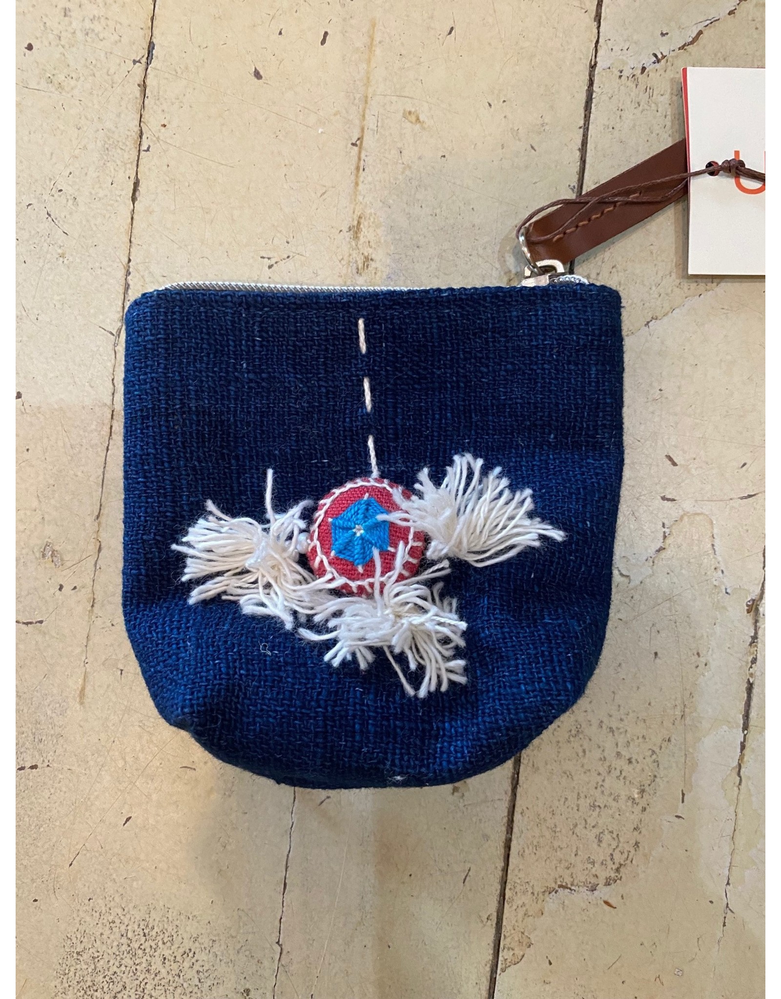 Trade roots Zippered Pouch w/Embroidery and Tassels, Indigo Cotton body