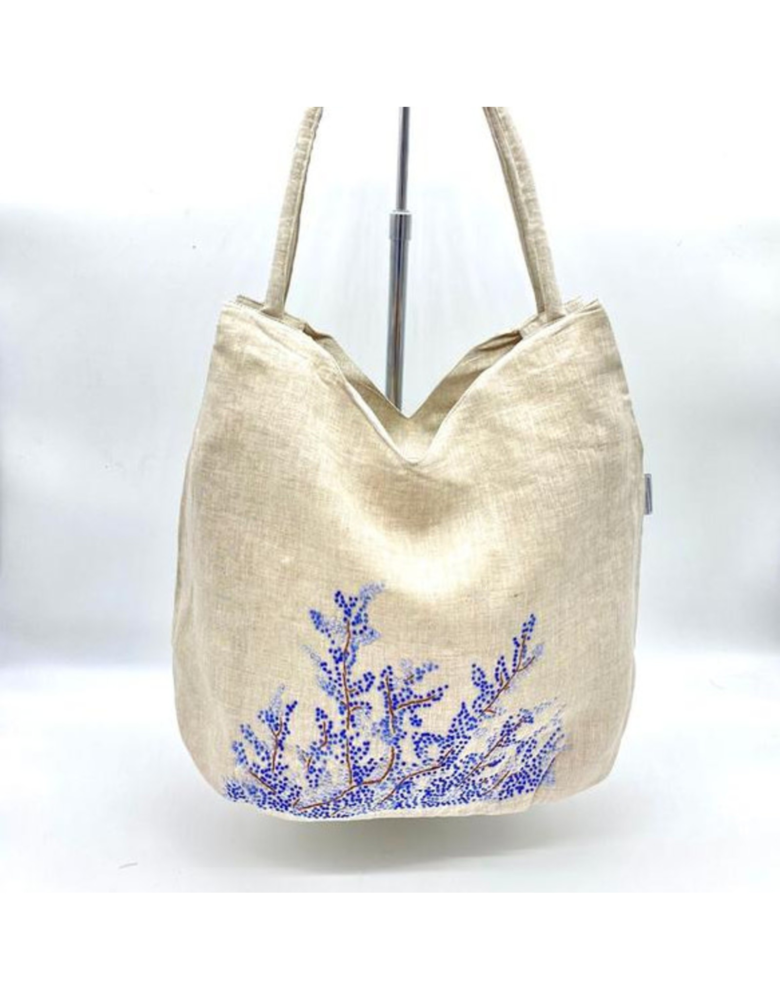 Trade roots Natural Linen Shoulder Bag, Hand Embroidered Knots, Blue Flowers