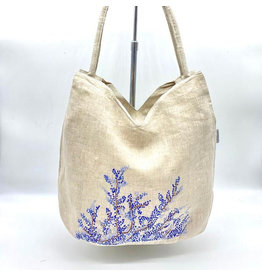 Trade roots Natural Linen Shoulder Bag, Hand Embroidered Knots, Blue Flowers