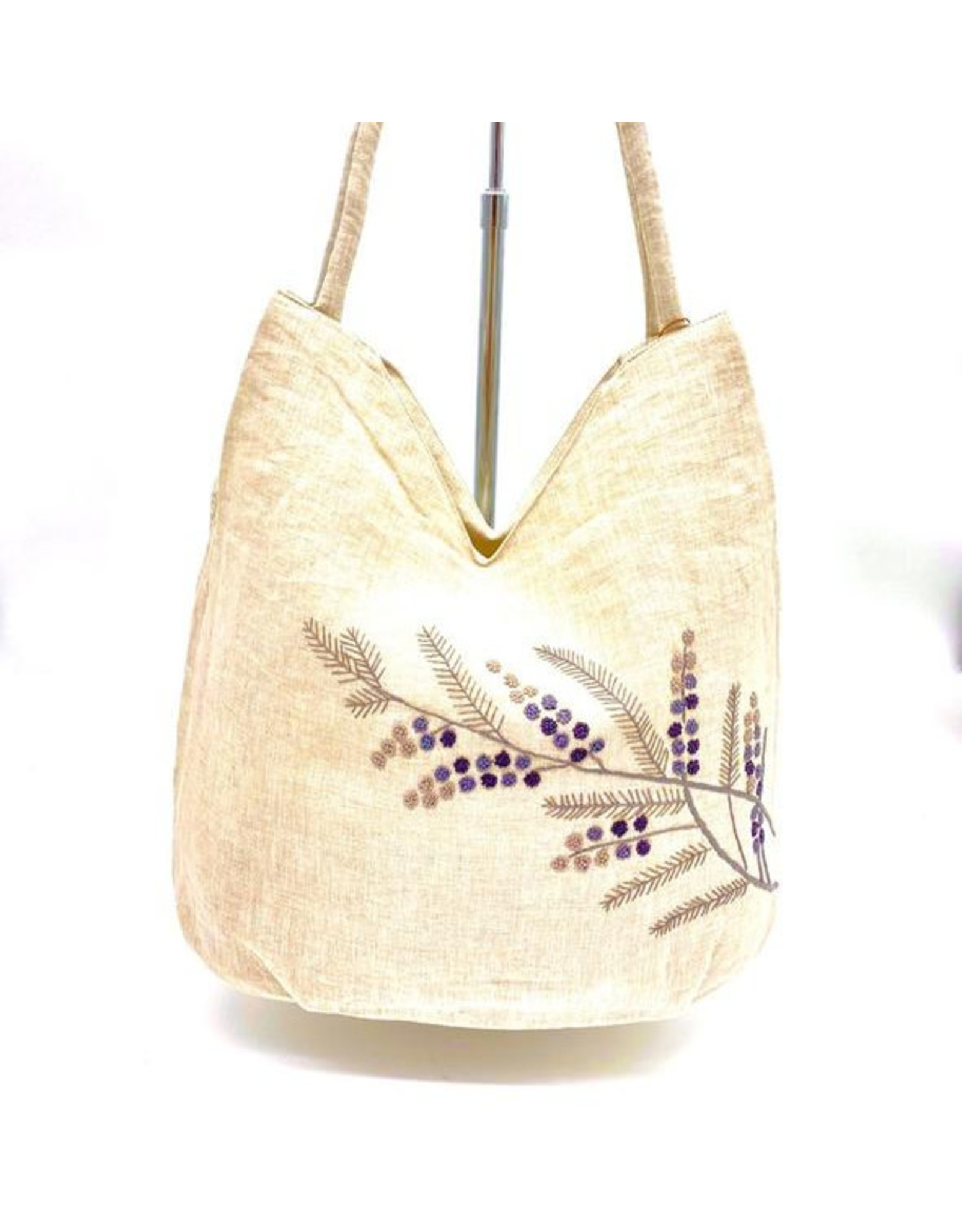 Trade roots Natural Linen Shoulder Bag, Hand Embroidered Knots, Gray Floral