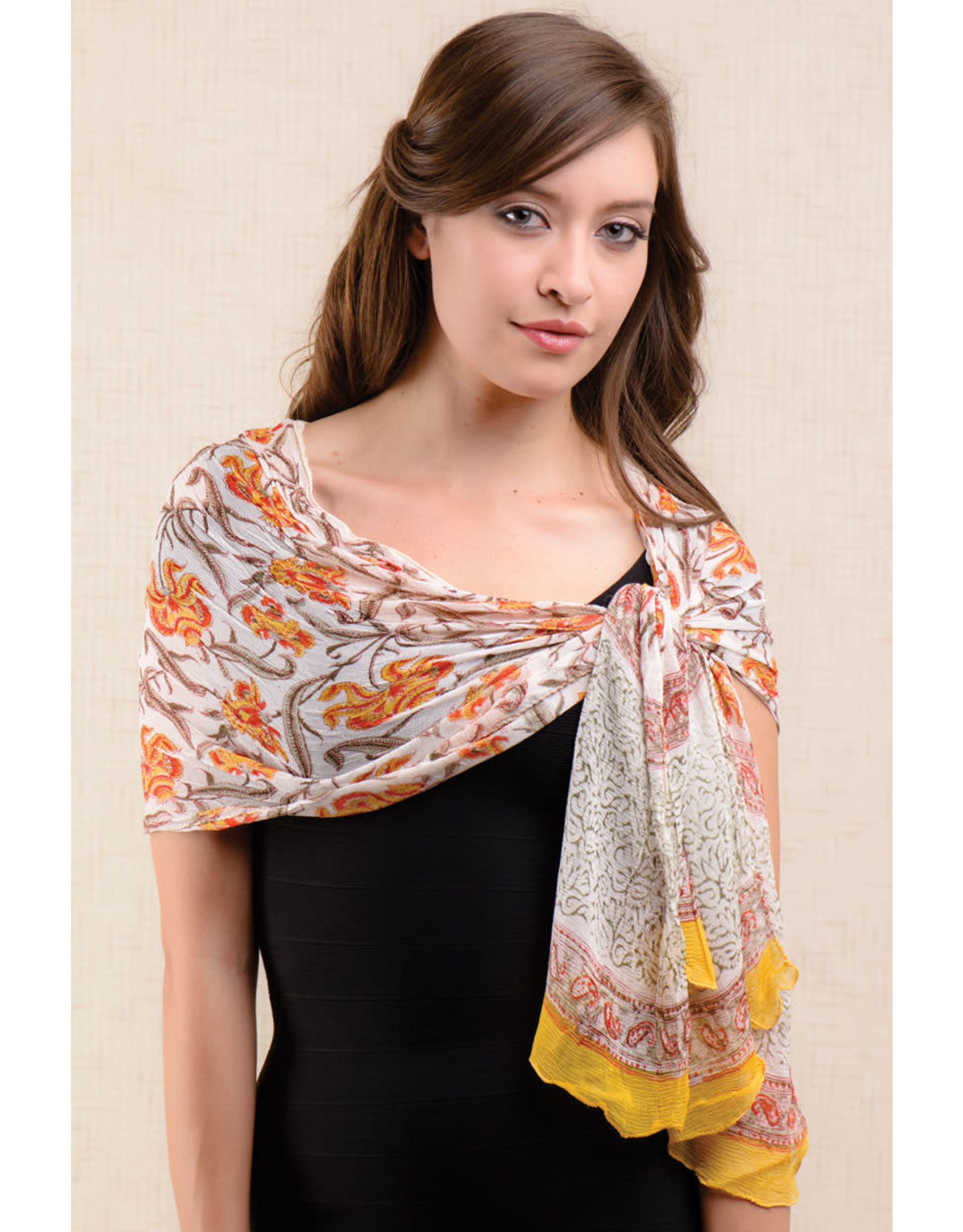 Trade roots Sheela Block-Printed Scarf, Yellow Orange, India