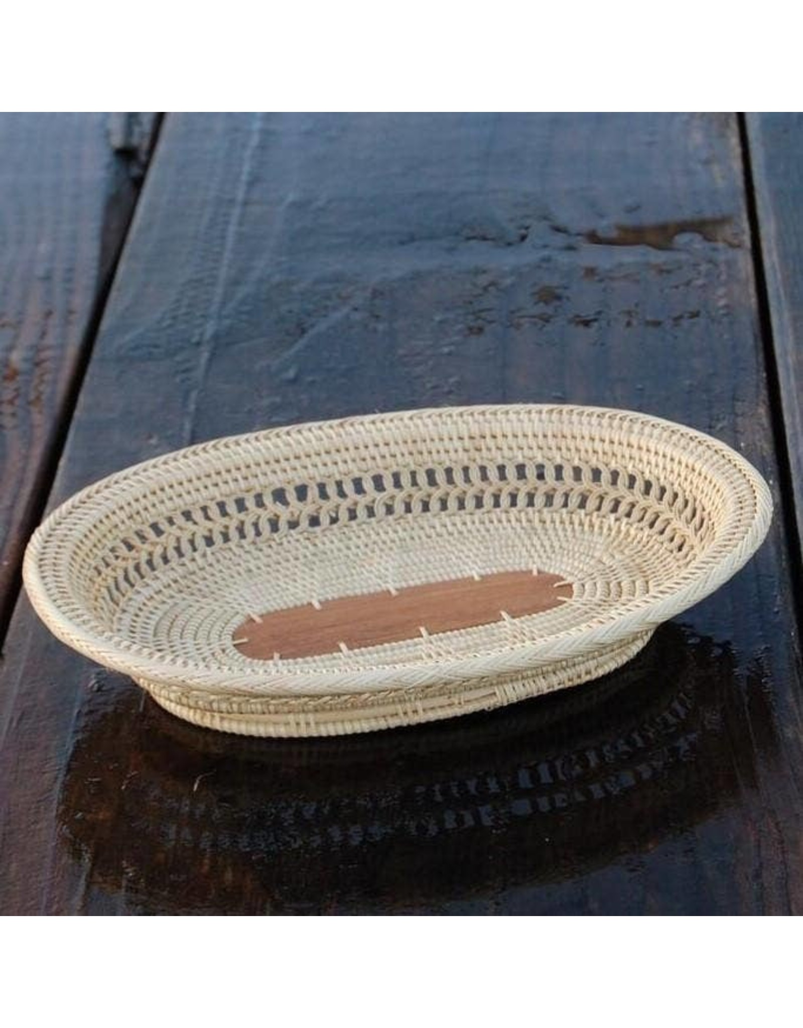 Trade roots Handmade Oval Rattan Tray W/ Palm Leaf Center - Mini