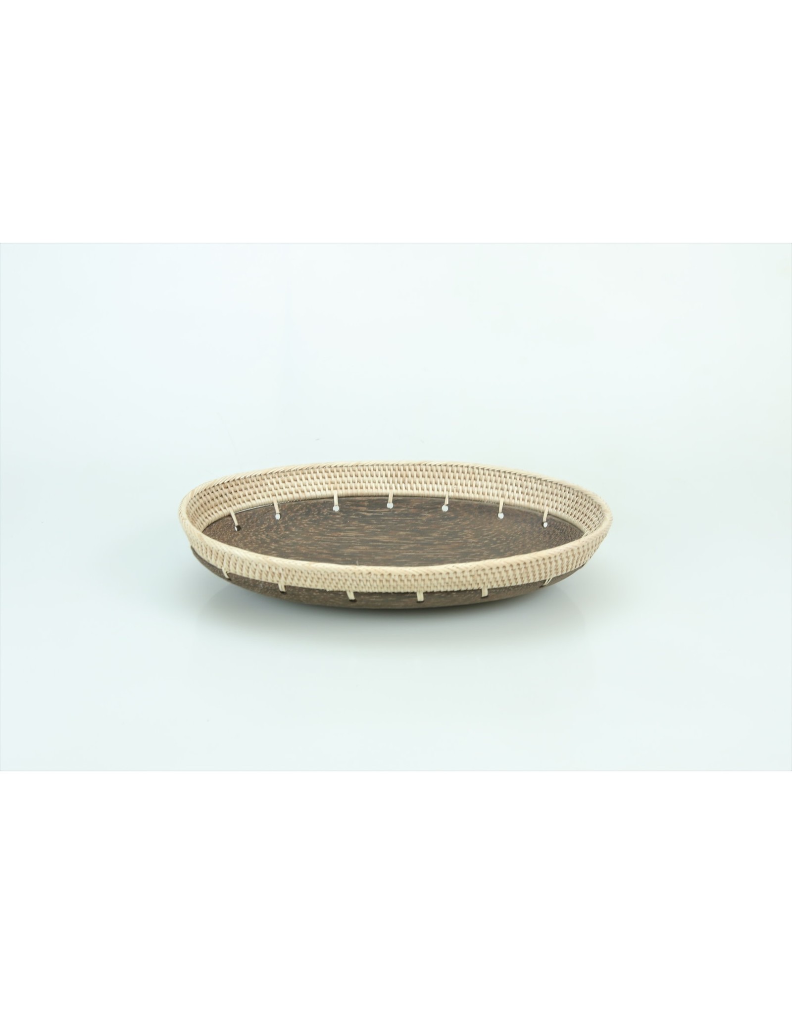 Trade roots Hand Carved Oval Palm Wood Tray with Rattan Accent Trim 10.5"