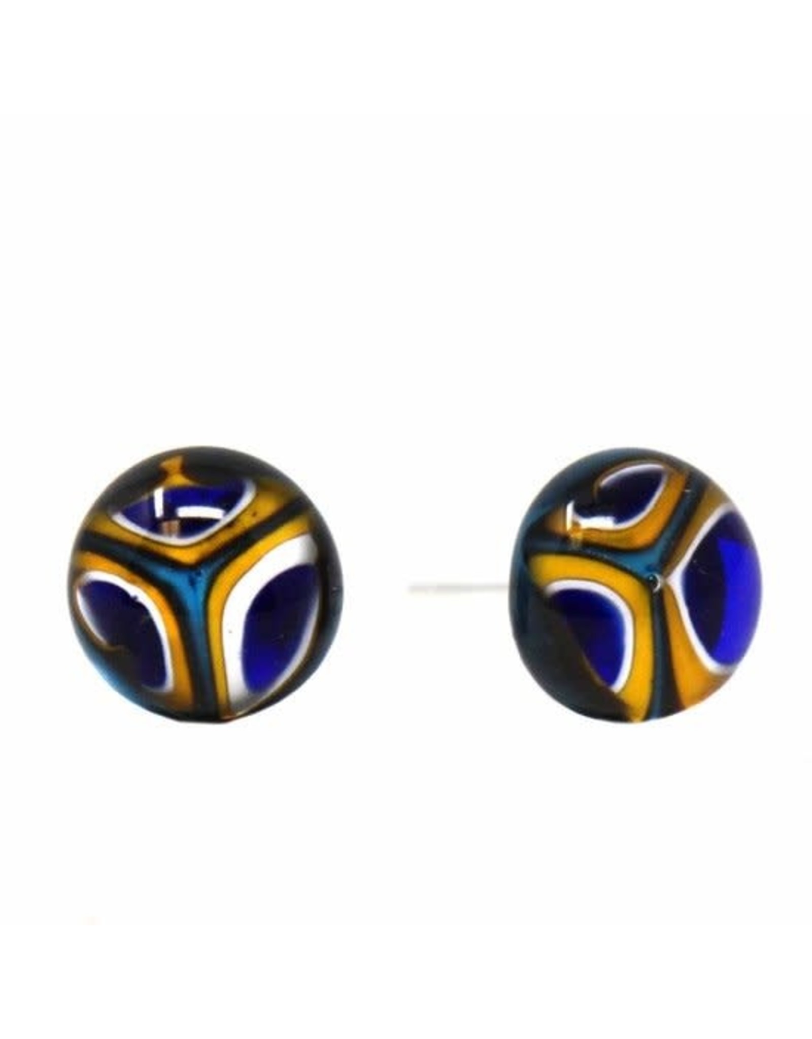 Trade roots Round Glass Stud Earrings, Blue & Yellow Kaleidoscope, Chile