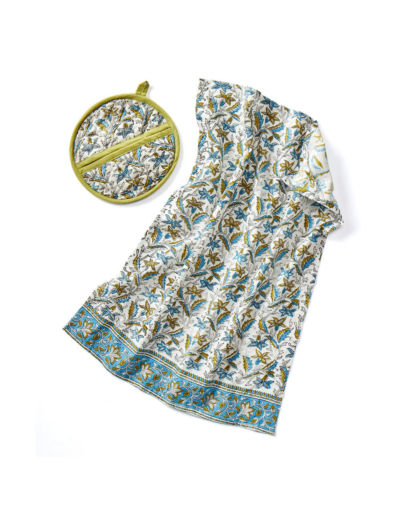 Trade roots Cornflower Apron, Tea Towel, and Oven Mitt Set, India