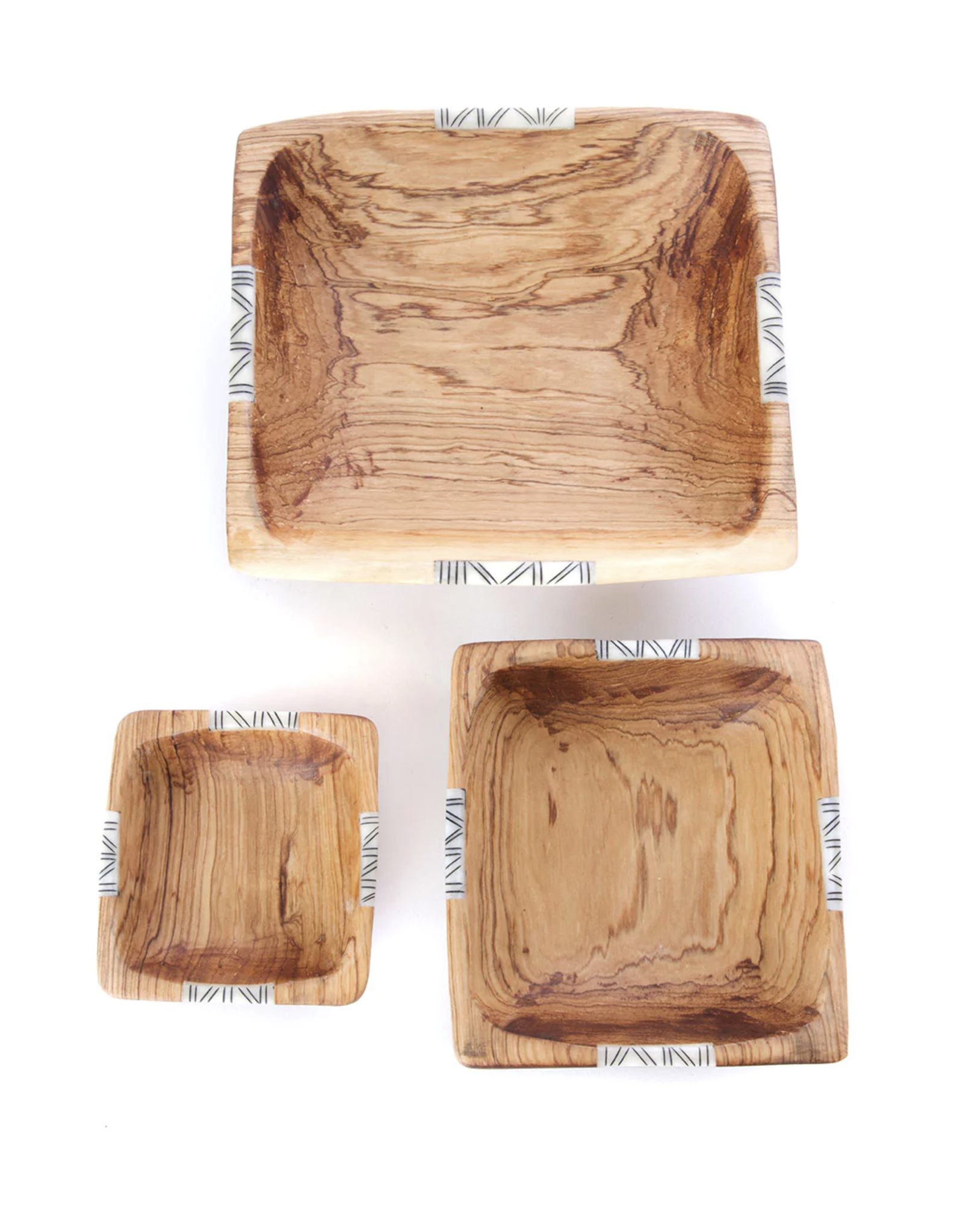 Trade roots Set of Three Square Wild Olive Wood Square Bowls with Bone Inlay