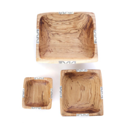 Trade roots Set of Three Square Wild Olive Wood Square Bowls with Bone Inlay