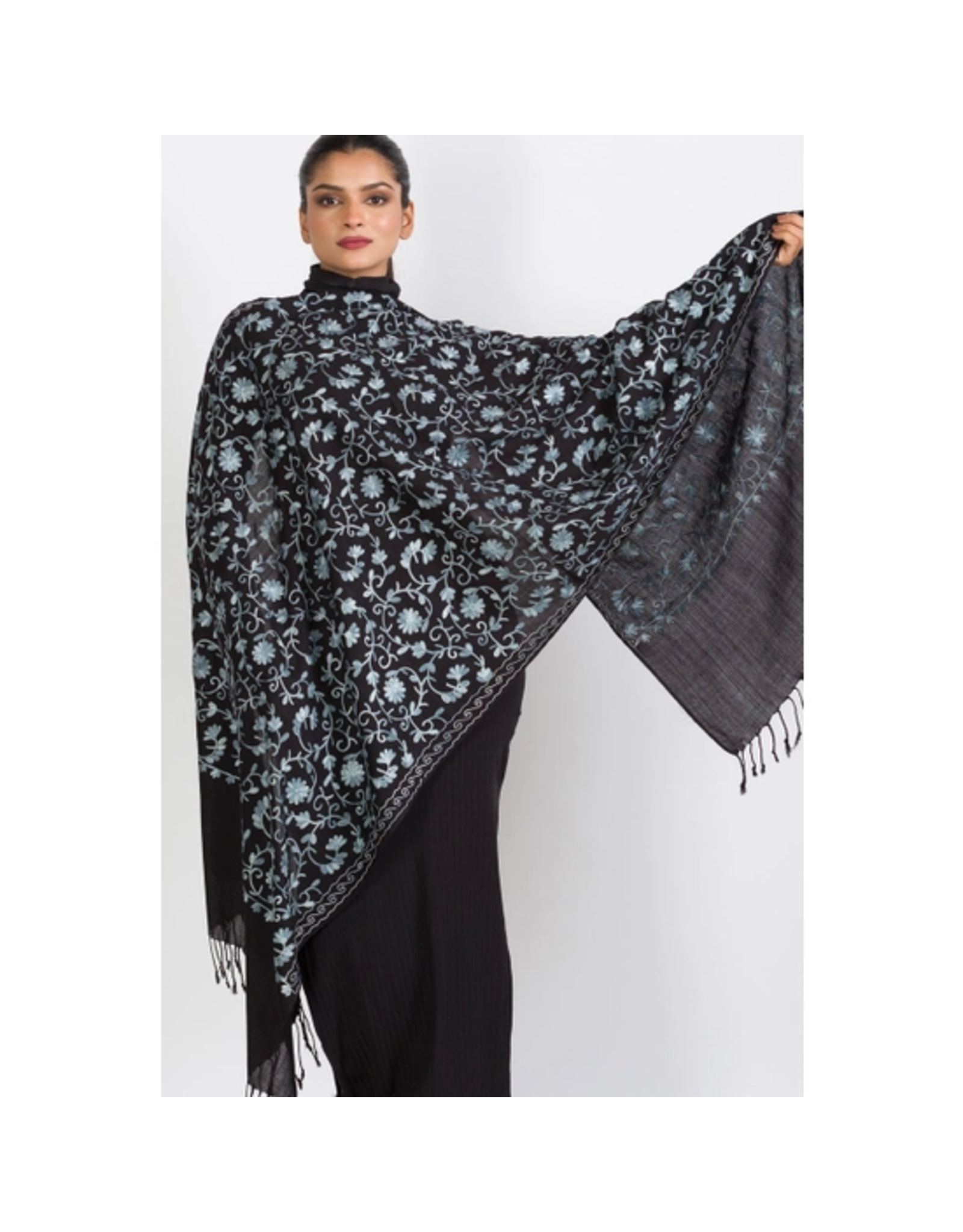 Trade roots Isha Embroidered Shawl  Black & Light Blue, India