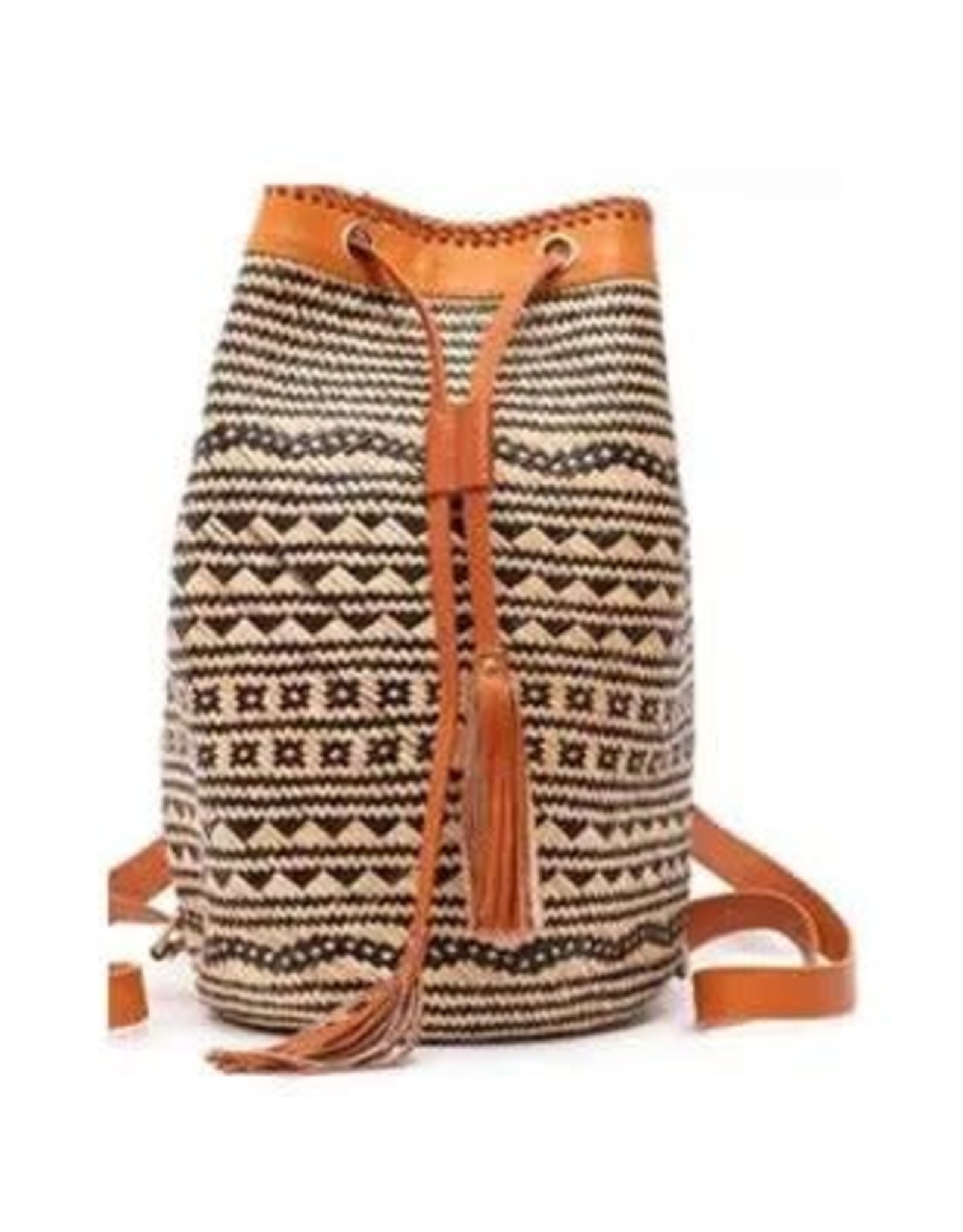 Trade roots Rattan Sling Back Pack Tribal Patten - Light Leather Large