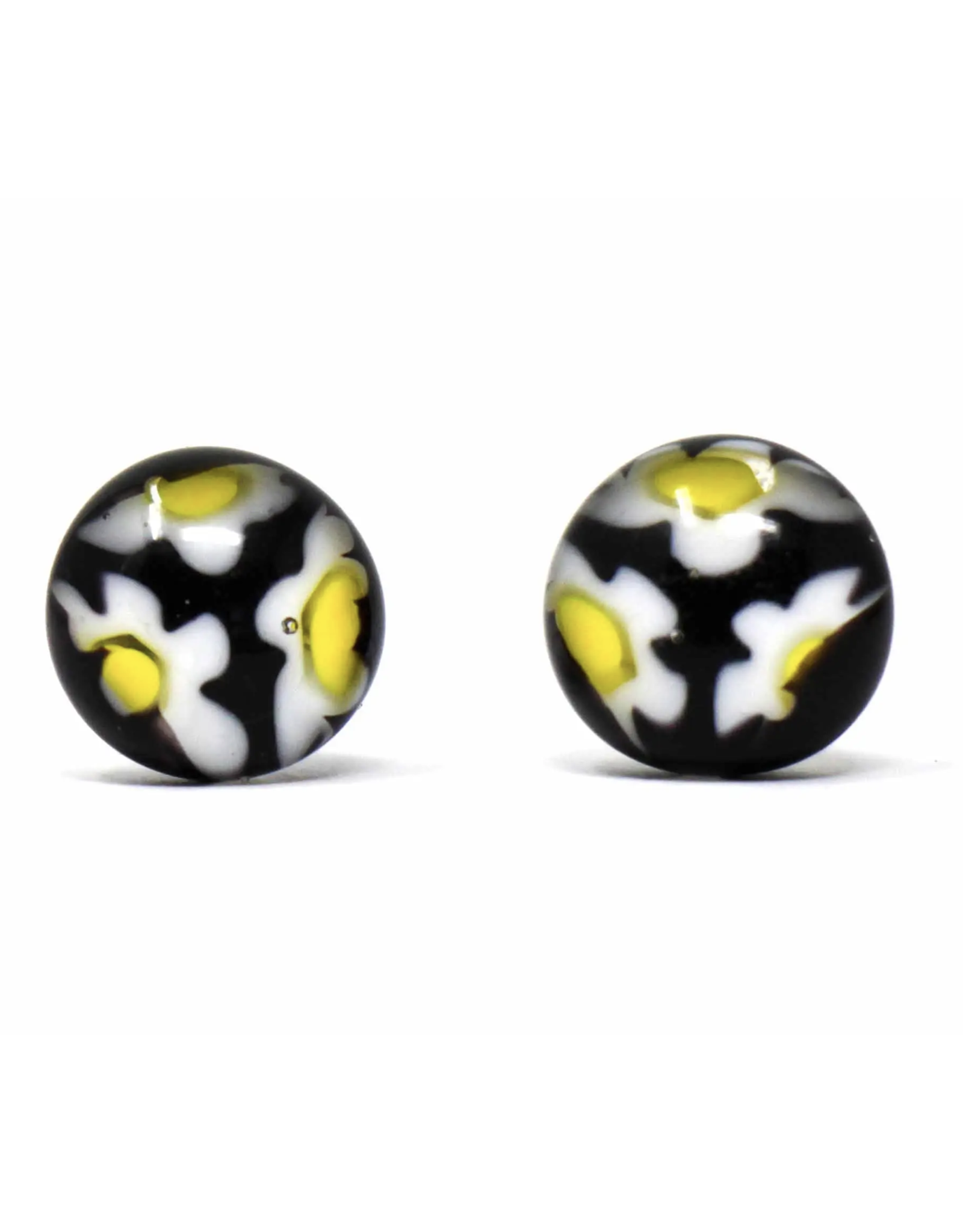 Trade roots Round Glass Stud Earrings, Black/White Flowers, Chile