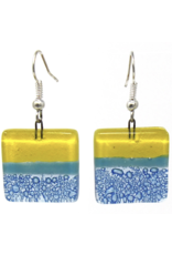 Trade roots Square Glass Dangle Earrings Yellow and Blue, Chile