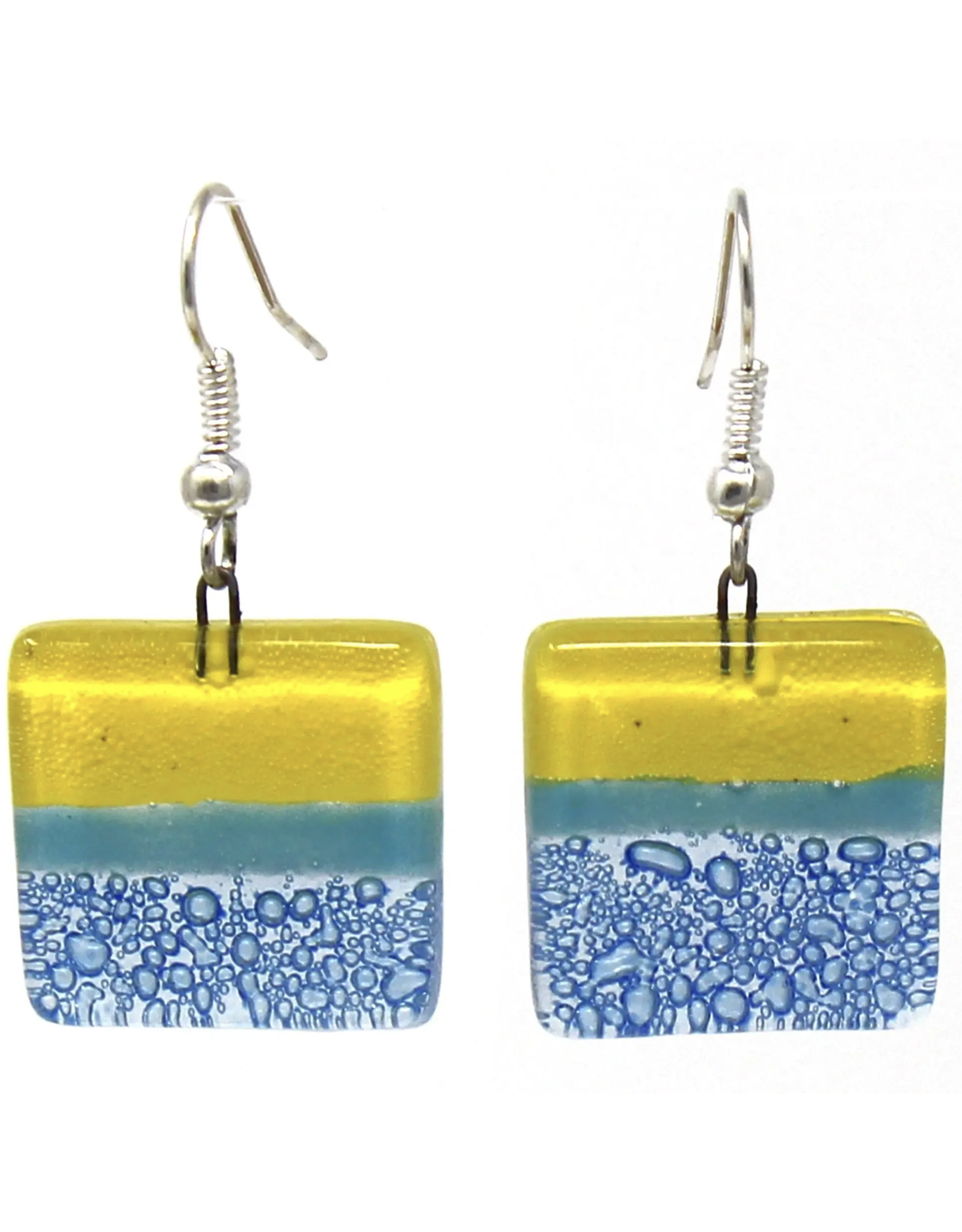 Trade roots Square Glass Dangle Earrings Yellow and Blue, Chile