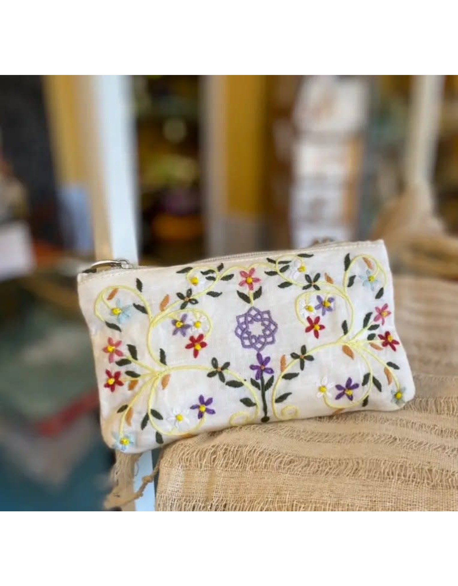Trade roots Melissa's Garden Hand Embroidered Flower Linen Bag Pouch, Vietnam