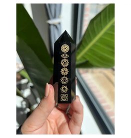 Trade roots Black Obsidian Etched Chakra Crystal Tower