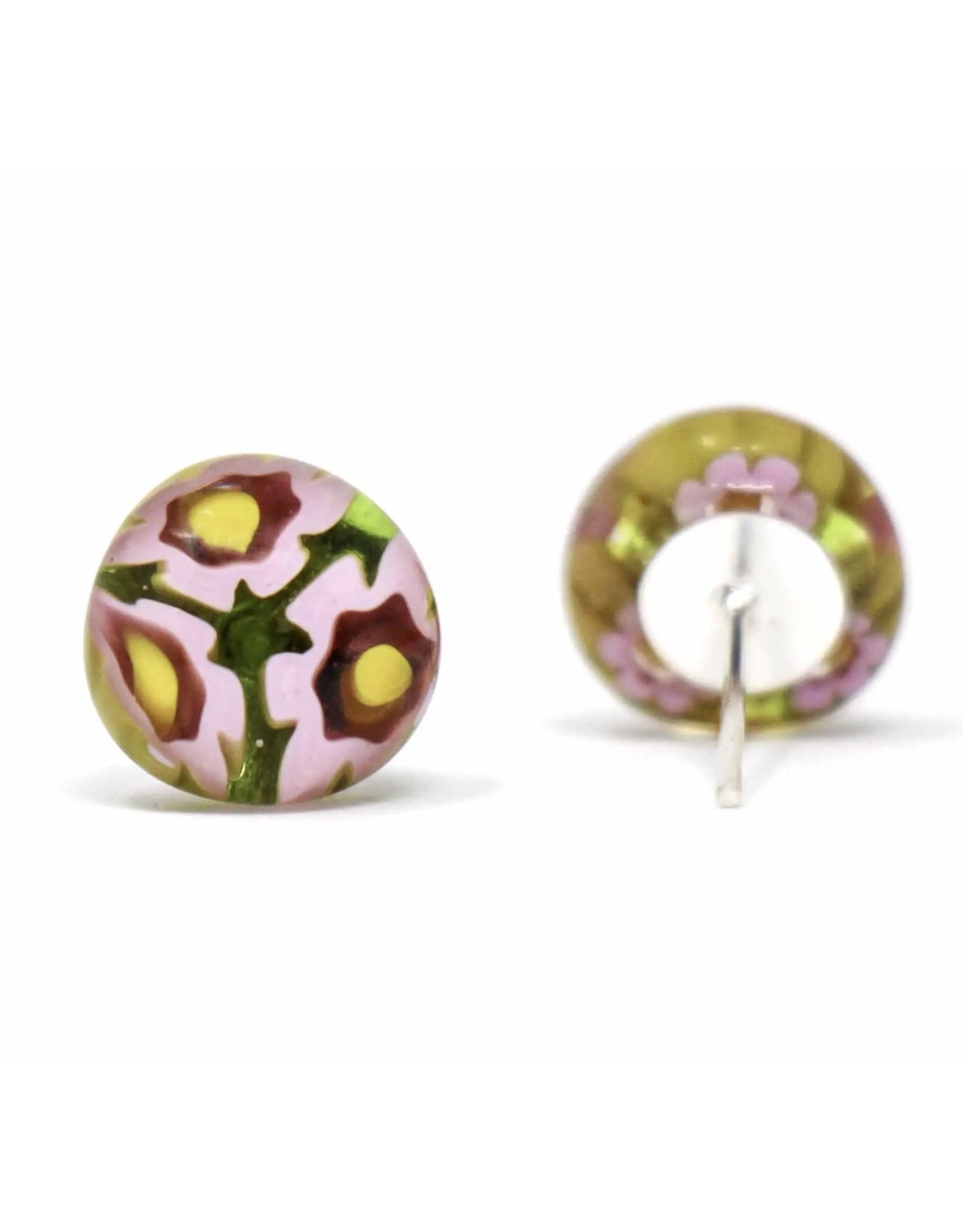 Trade roots Round Glass Stud Earrings, Pink Flowers, Chile