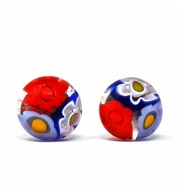 Trade roots Round Glass with Blue and Red Flower Stud Earrings, Chile