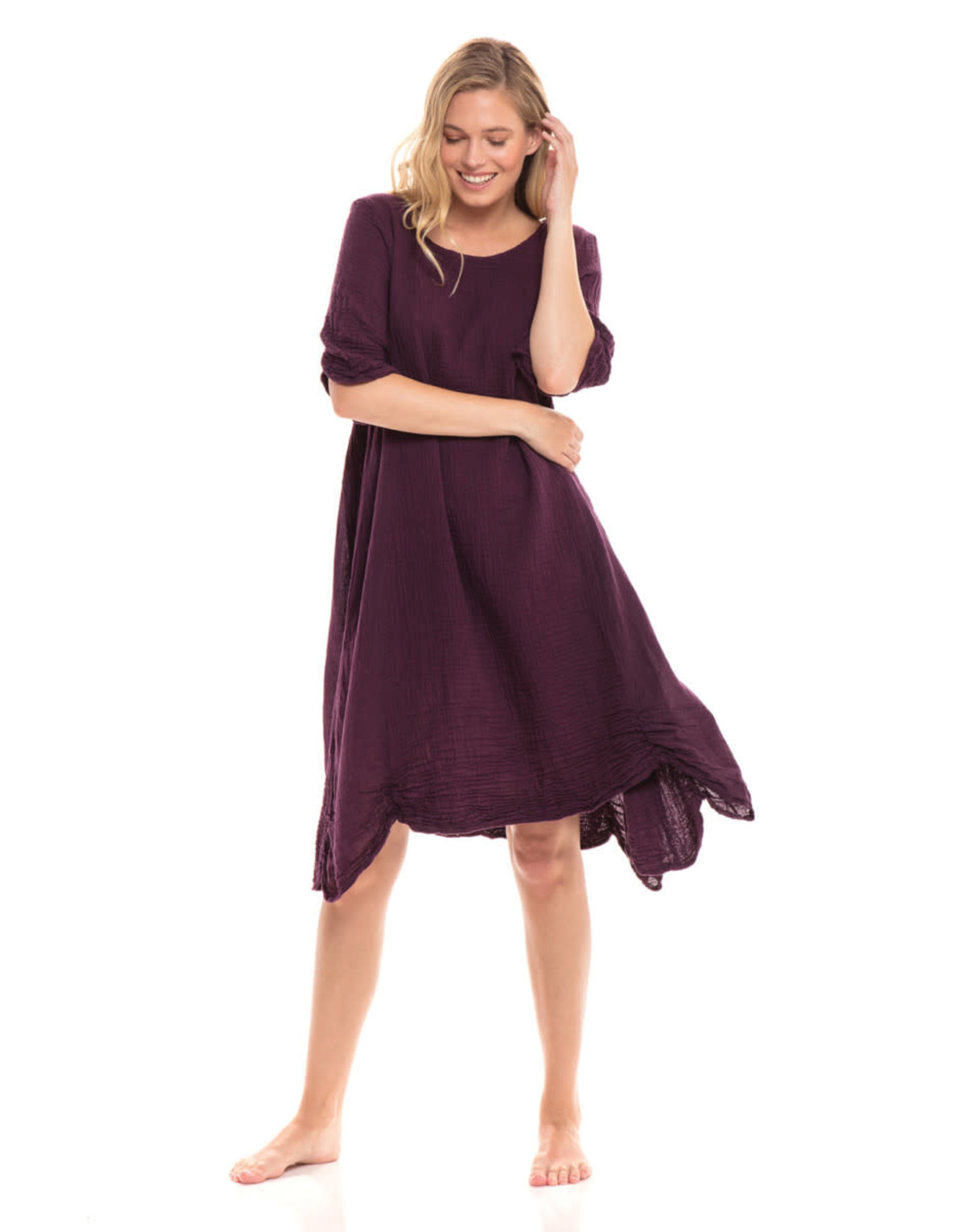 Thai Cotton 3/4 Sleeve Dress, Mulberry