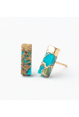 Trade roots Gold plated brass with turquoise rectangular earrings, asia