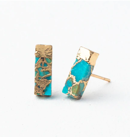 Trade roots Gold plated brass with turquoise rectangular earrings, asia