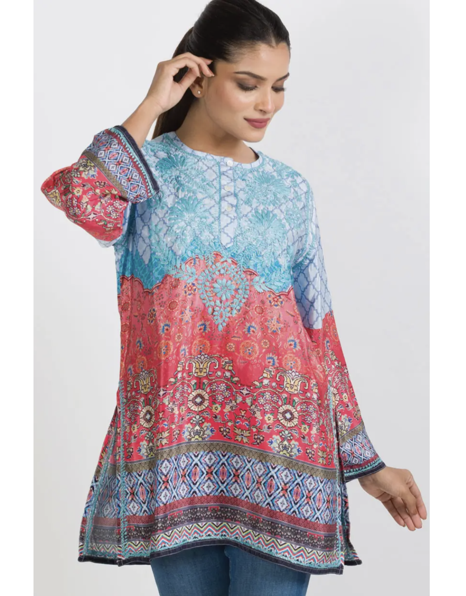 Trade roots Deena Embroidered Tunic, Aqua & Melon