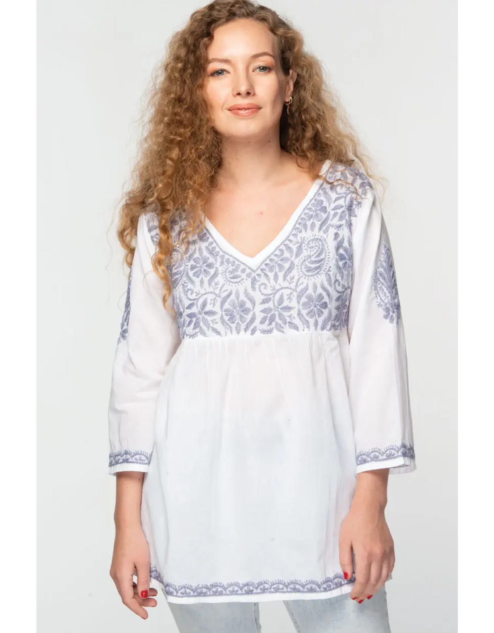 Trade roots Ramani Cotton White and Lavender Embroidered Tunic