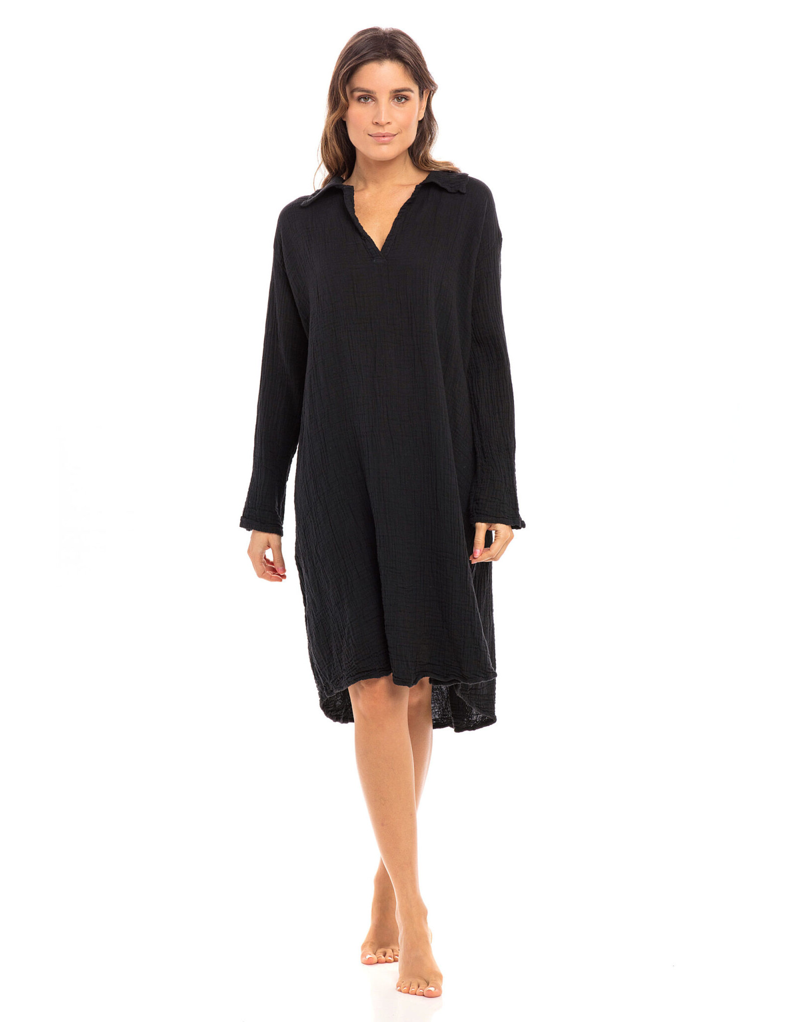 Trade roots Thai Cotton Long Sleeve Shirt Dress, Black, Thailand