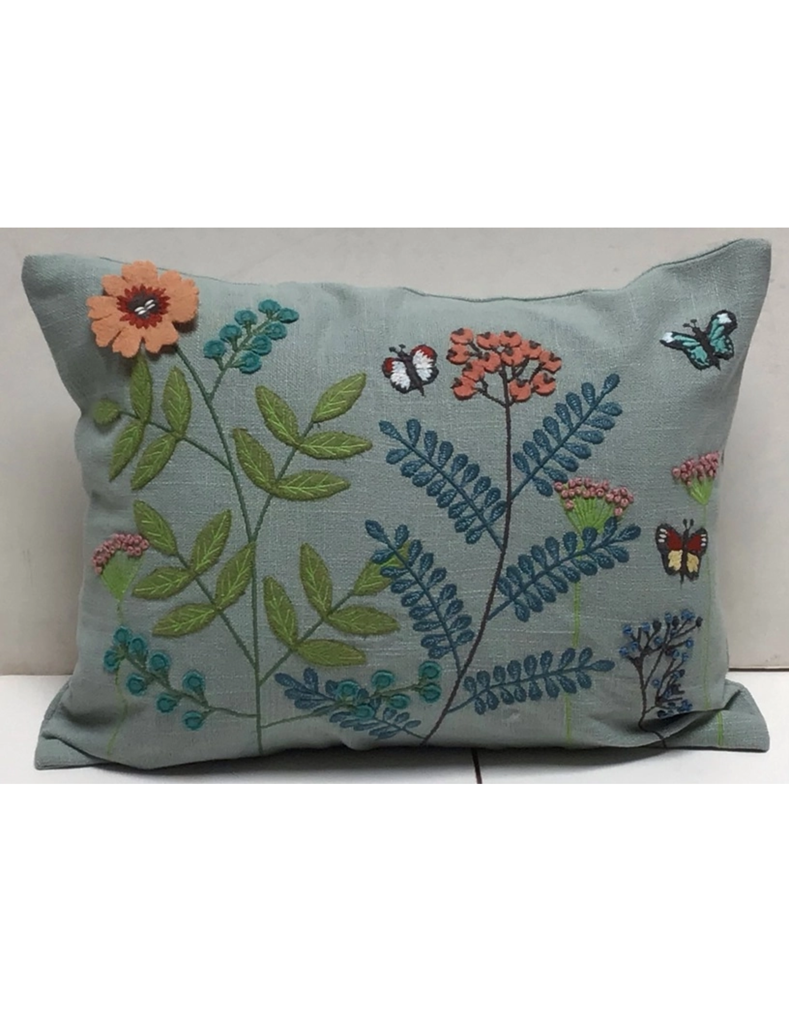 Pillow Applique/Embroidered, Country Garden Aqua Blue, 12x16, India
