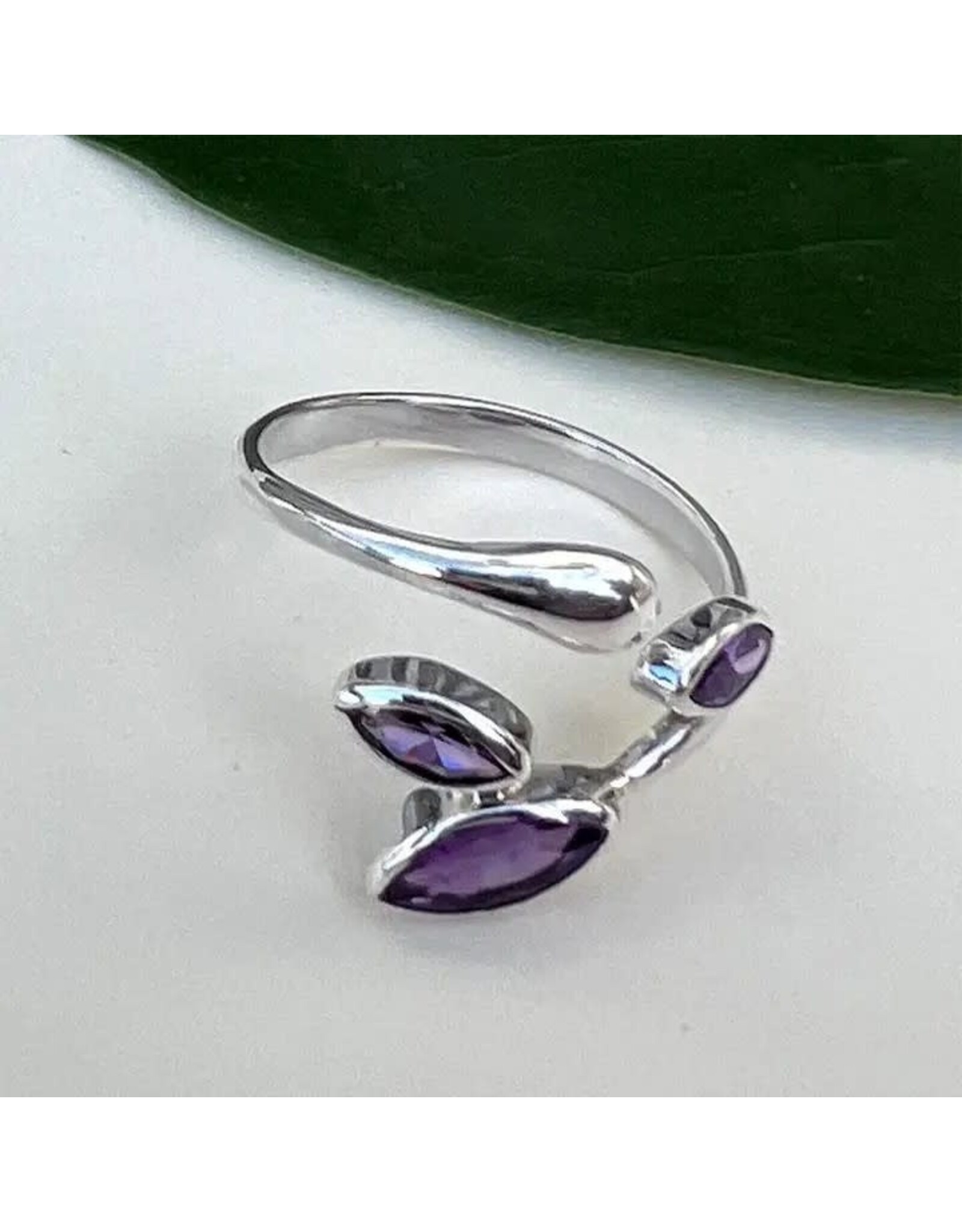 Amethyst Leaf Adjustable Ring- Sterling Silver, Indonesia