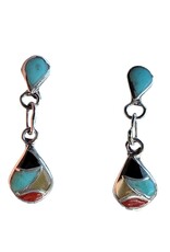 Sterling Inlaid Teardrop Earrings, Hanging from Gem Stud, Zuni