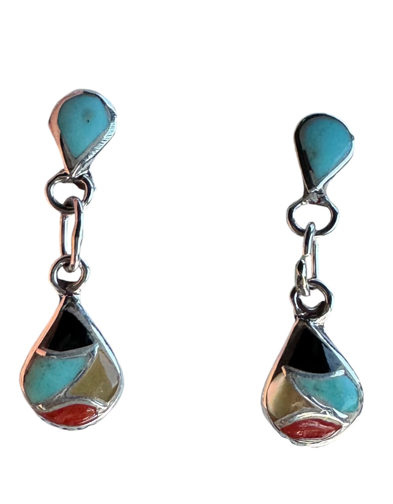 Sterling Inlaid Teardrop Earrings, Hanging from Gem Stud, Zuni