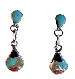Sterling Inlaid Teardrop Earrings, Hanging from Gem Stud, Zuni