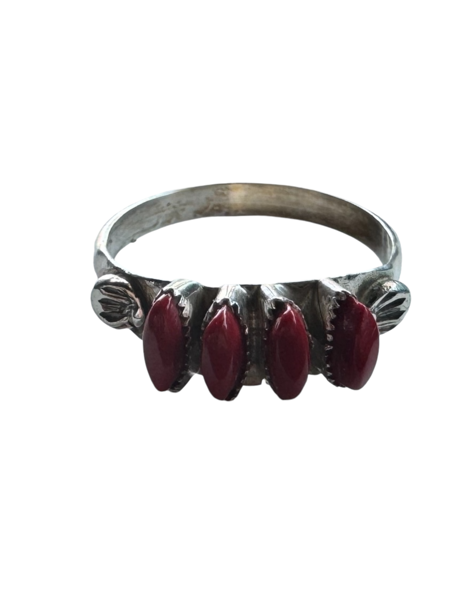 Sterling and Coral, 4 Pronged Ring, Zuni Tribe