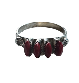 Sterling and Coral, 4 Pronged Ring, Zuni Tribe