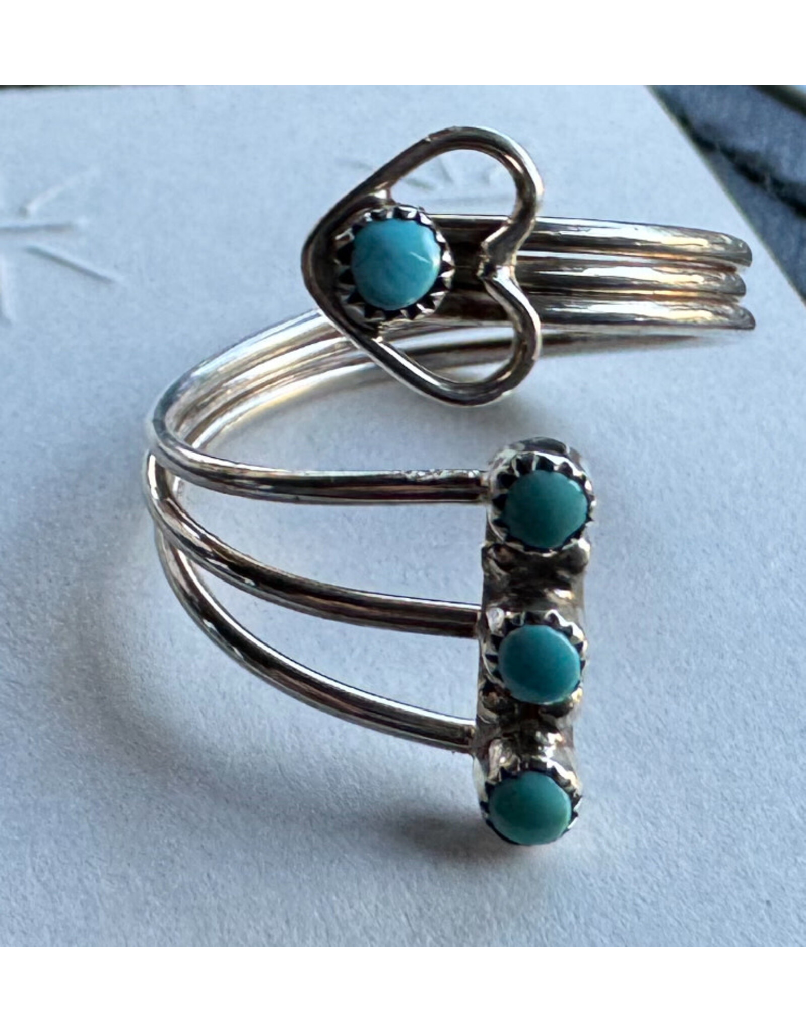 Adjustable Sterling Ring w/ Petite Pointe of Turquoise, and Tiny Heart, Zuni