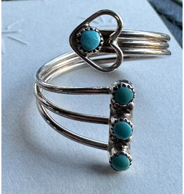 Adjustable Sterling Ring w/ Petite Pointe of Turquoise, and Tiny Heart, Zuni