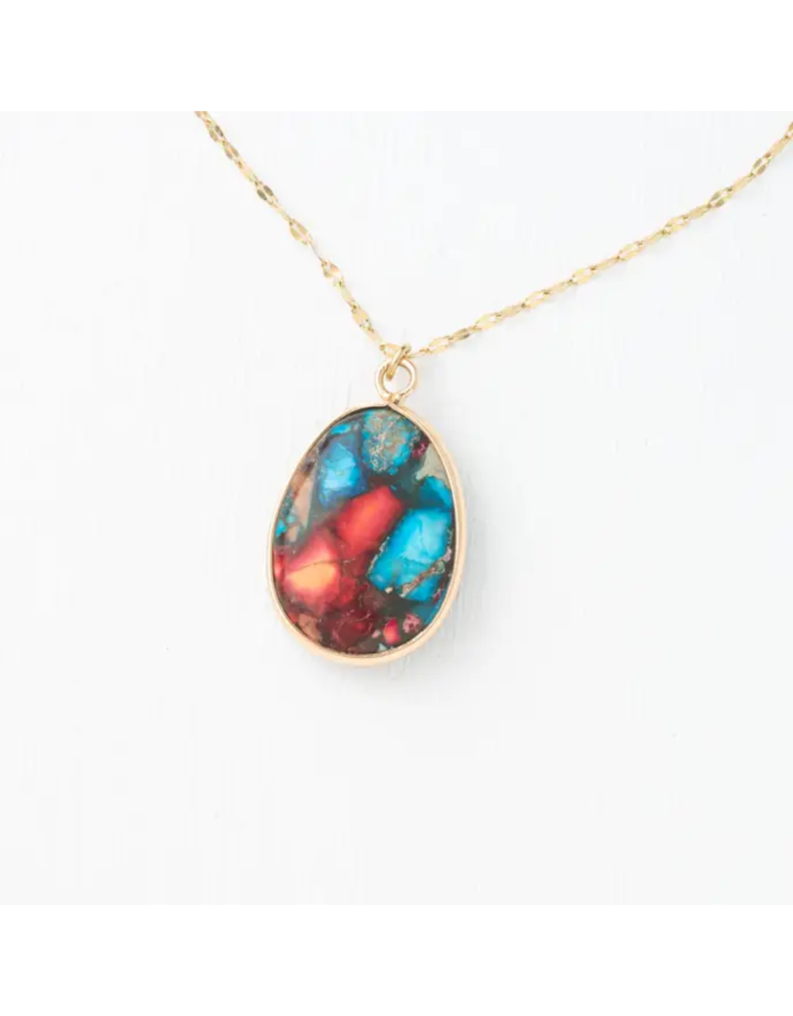Mosaic Jasper Necklace- 14K Gold Plated Drop Pendant Necklace in Jasper Stone