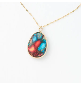 Mosaic Jasper Necklace- 14K Gold Plated Drop Pendant Necklace in Jasper Stone