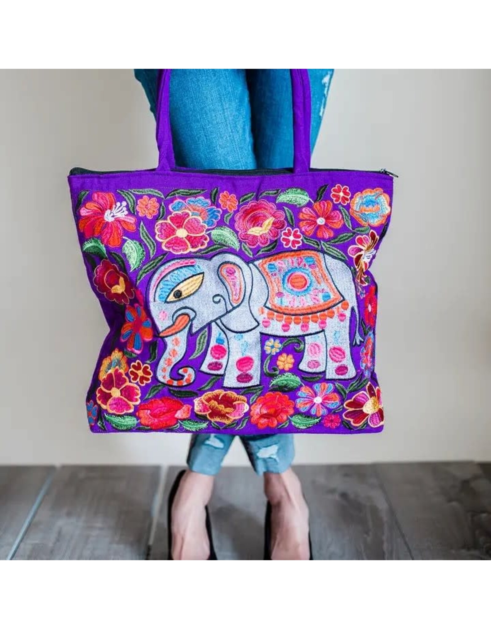 Elephant Embroidered Tote Bag, (Colors Vary) Guatemala