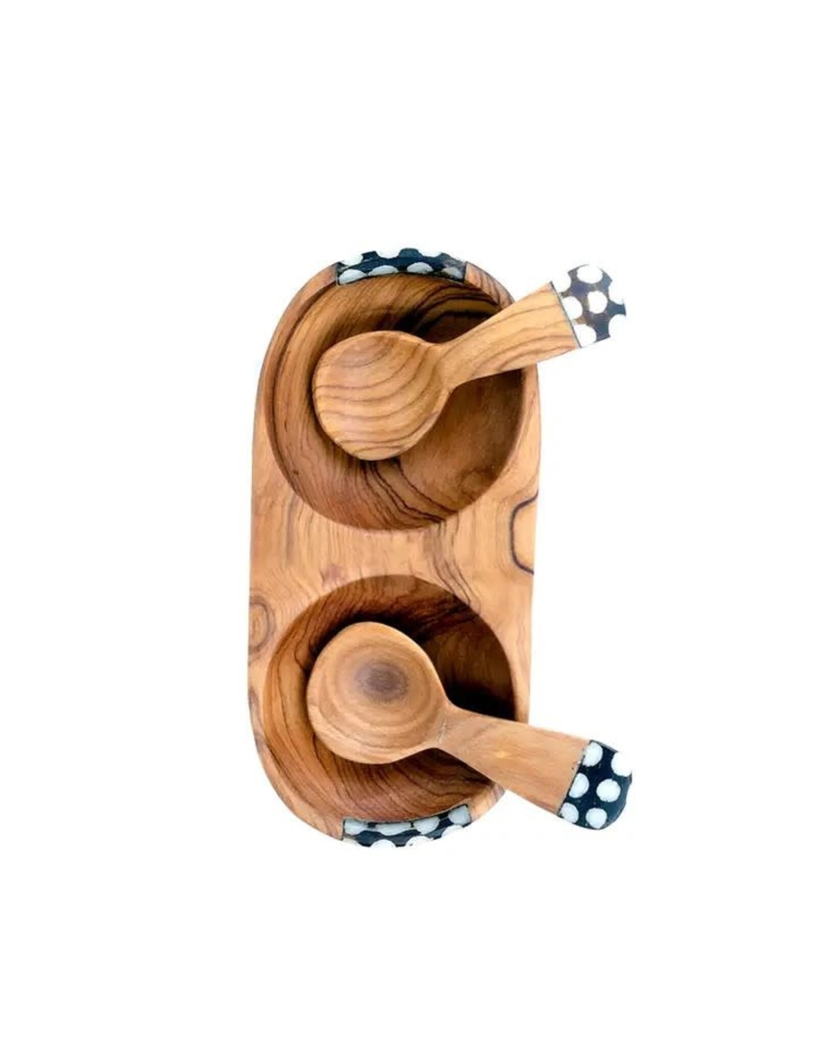 Double Wild Olive Wood & Bone Spice Bowl with Spoons, Kenya