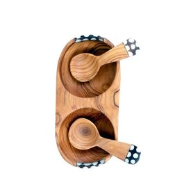 Double Wild Olive Wood & Bone Spice Bowl with Spoons, Kenya