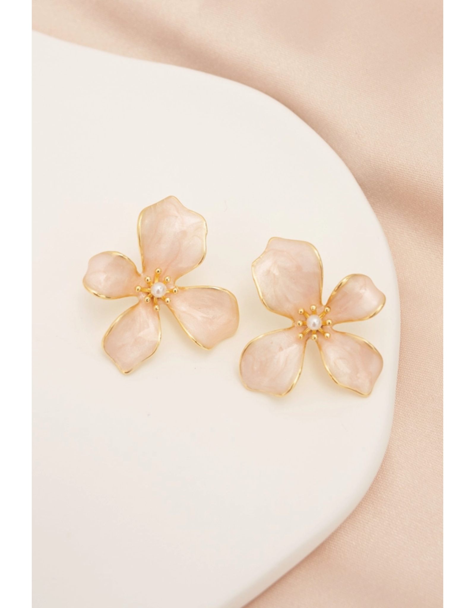 Hope in Bloom Flower Earrings in Misty Rose - 14K Gold Plated Enamel Mint Green Flower Stud Earrings with Pearl Detail