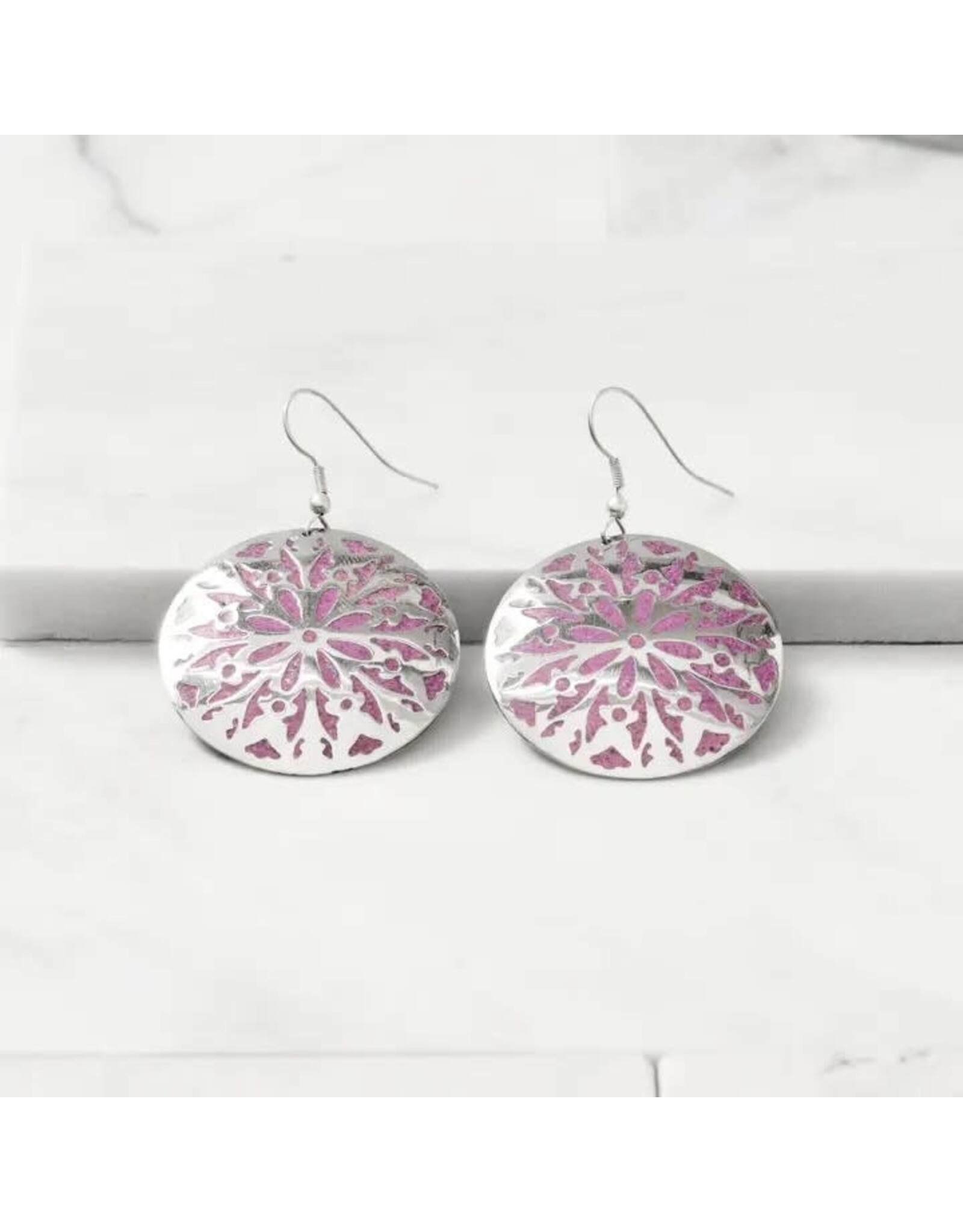 Etched Silver & Purple Medallion Earrings, Nepal