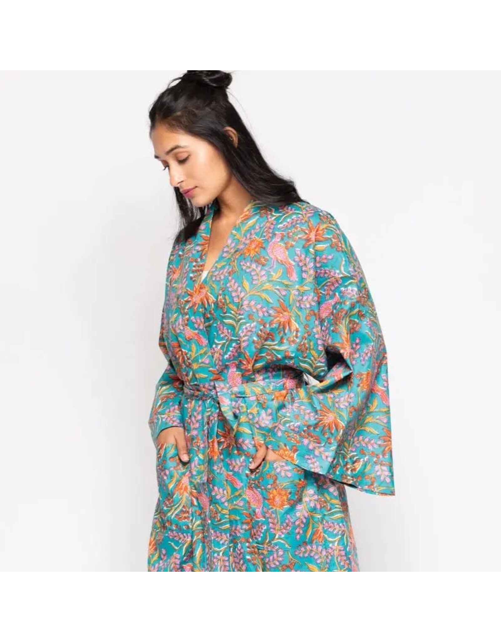 Reva Block Print Kimono Robes, Blue Multi, Cotton