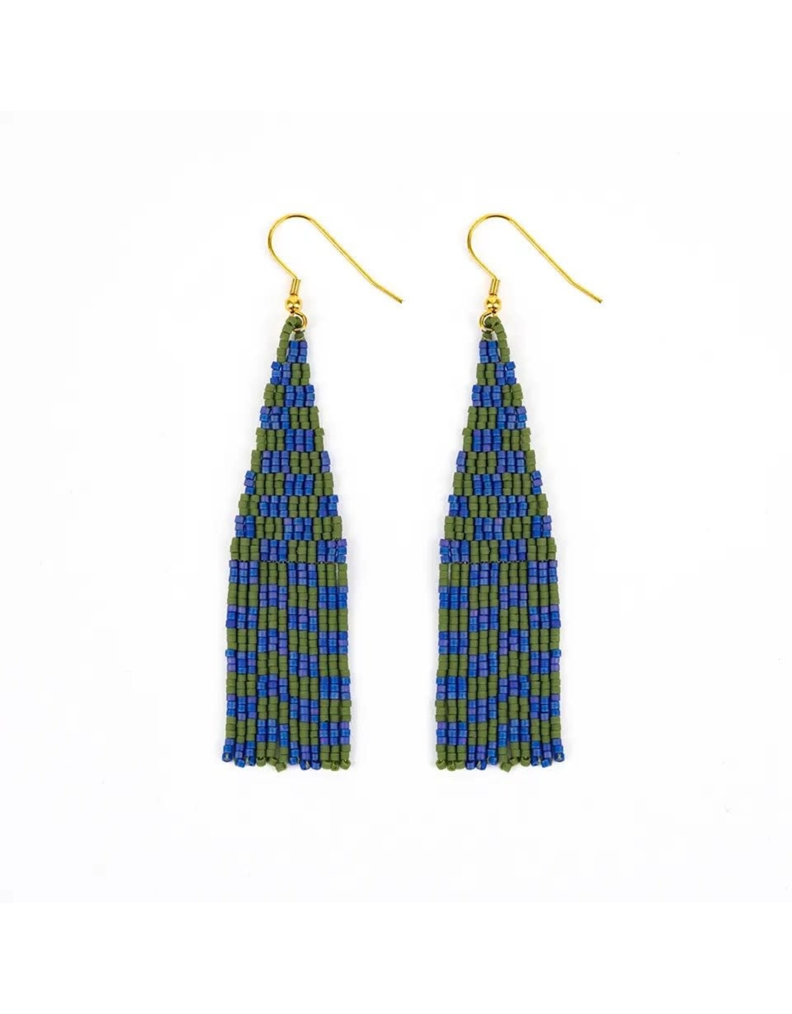 Delica Checkerboard Fringe Earrings Blue Green, Guatemala