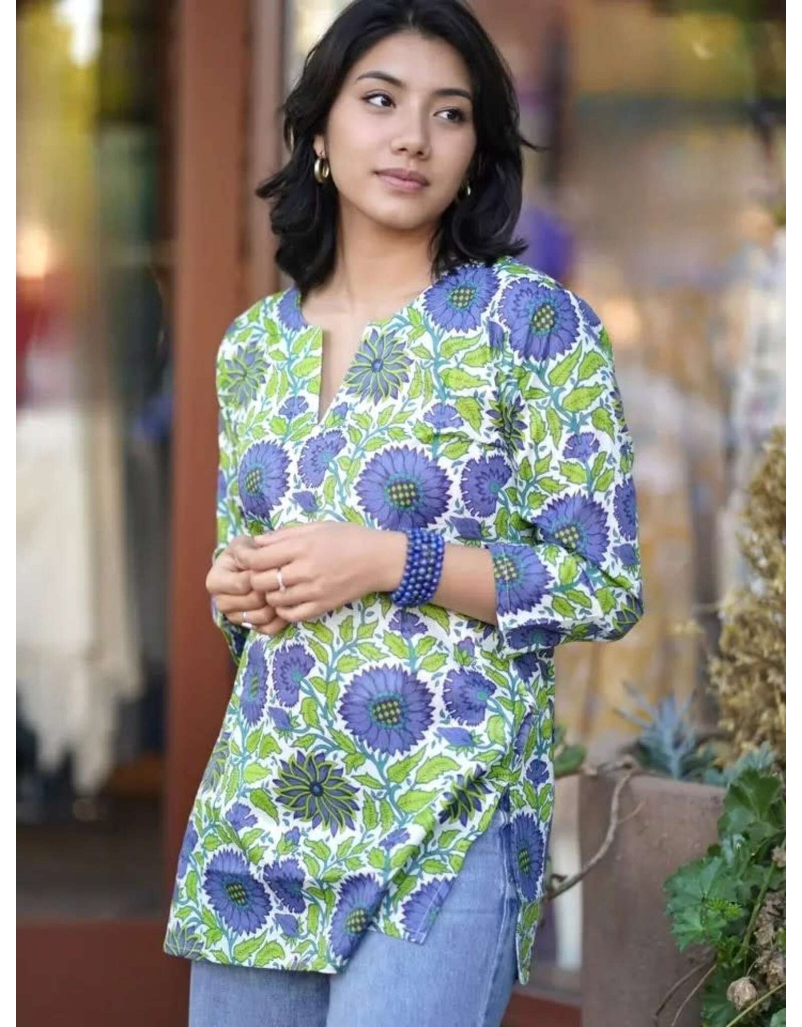 Hailey Floral Cotton Kurta Tunic, Green Purple
