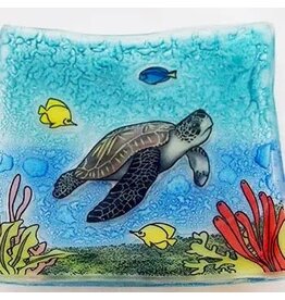 Sea Turtle Swimming with Fish Small Square Glass Dish, Ecuador