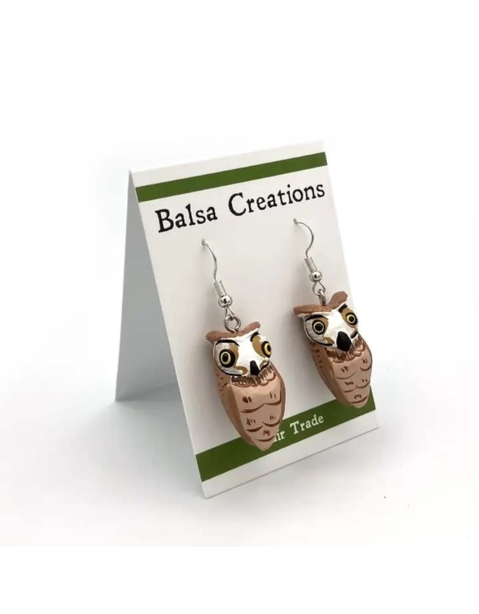 Great Horned Owl Balsa Wood Earrings, Nicaragua