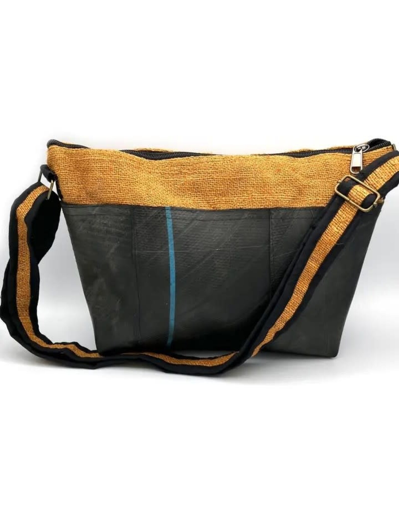 Vegan Recycled Inner Tube and Hemp Sling Bag, Mustard