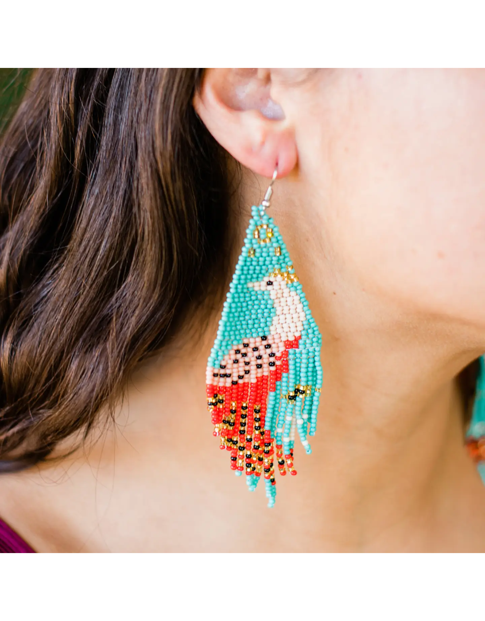 Beaded Fringe Peacock Earrings, Guatemala