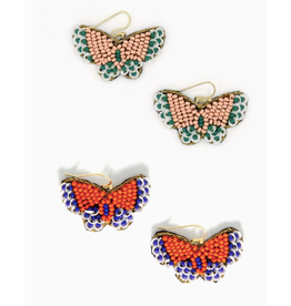 Beaded Butterfly Earrings, Pink/Green, India